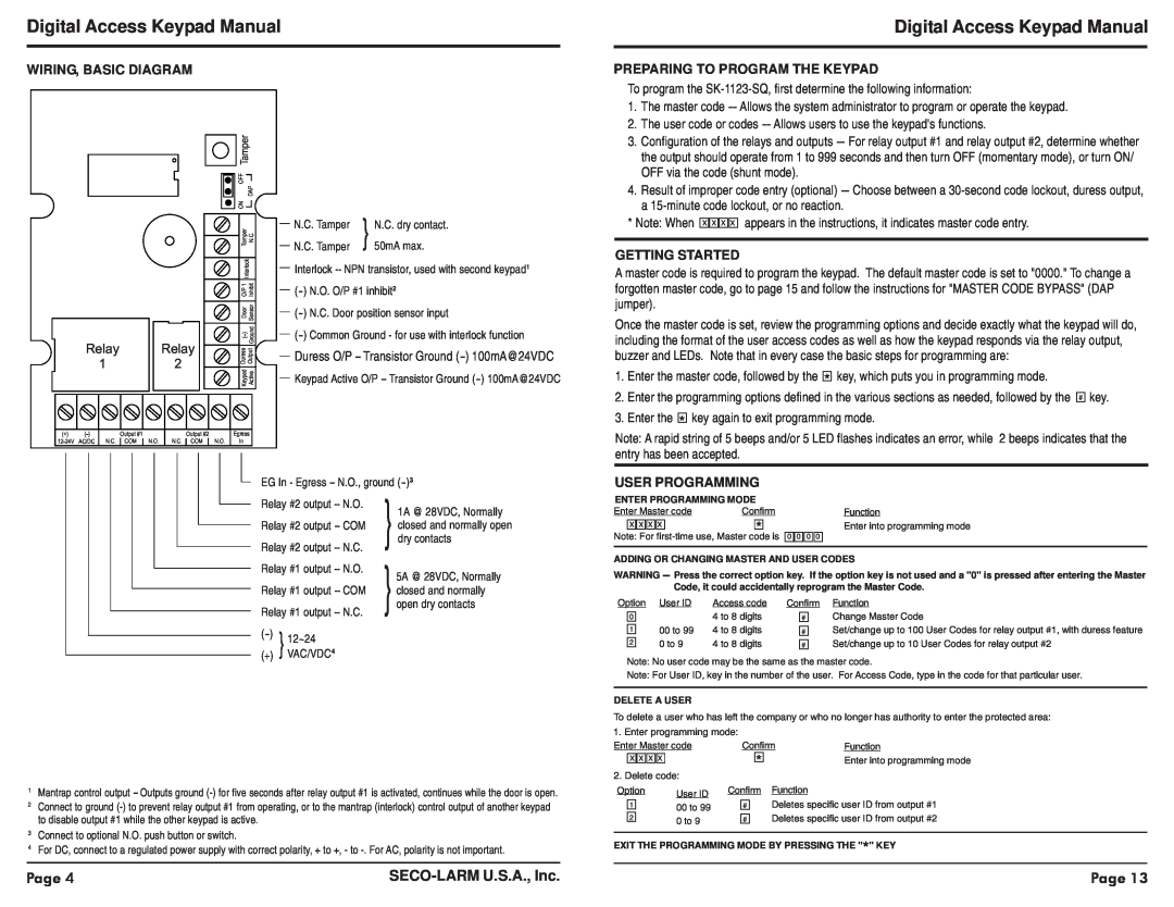 SECO-LARM USA SK-1123-SQ Digital Access Keypad Manual, Page, SECO-LARMU.S.A., Inc, Wiring, Basic Diagram, Getting Started 