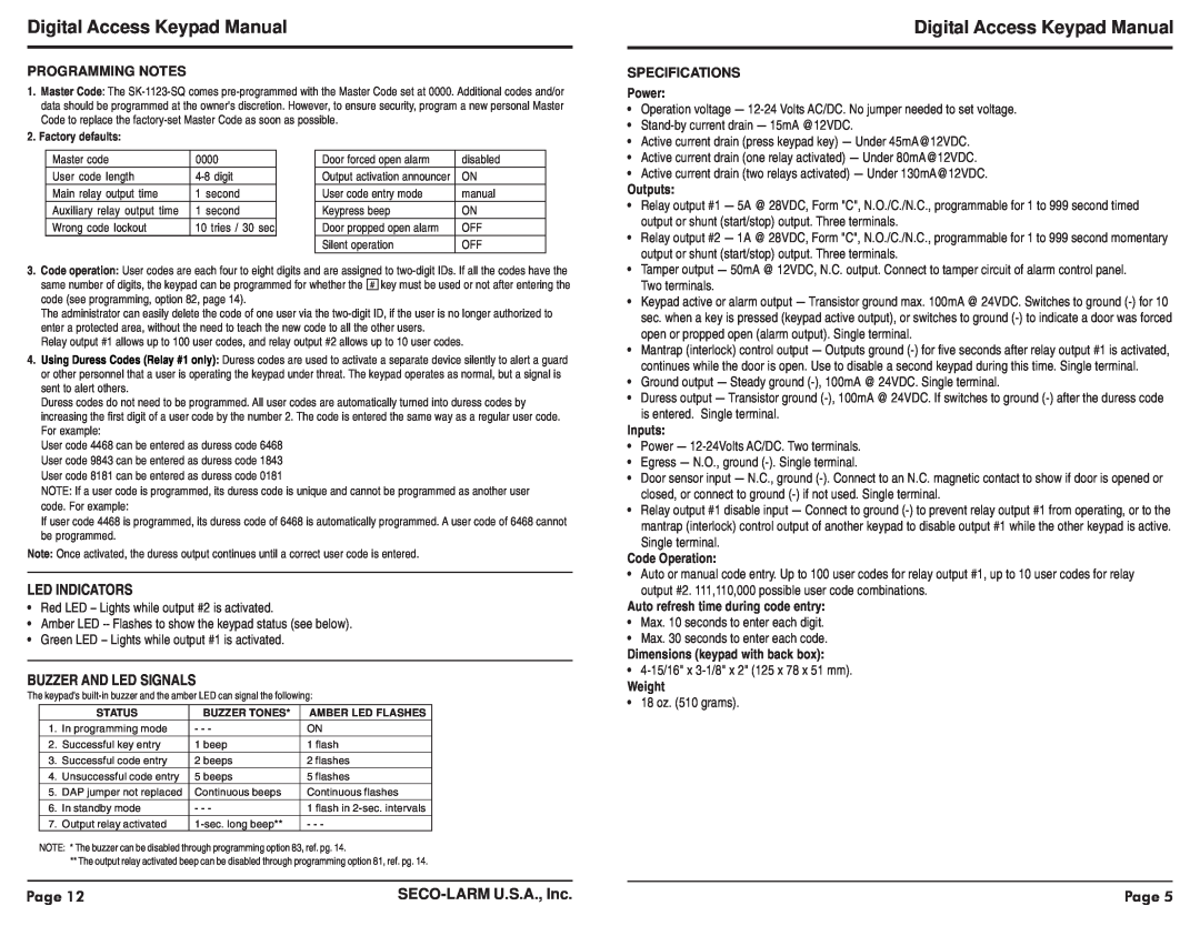 SECO-LARM USA SK-1123-SQ Digital Access Keypad Manual, Led Indicators, Buzzer And Led Signals, Page, SECO-LARMU.S.A., Inc 