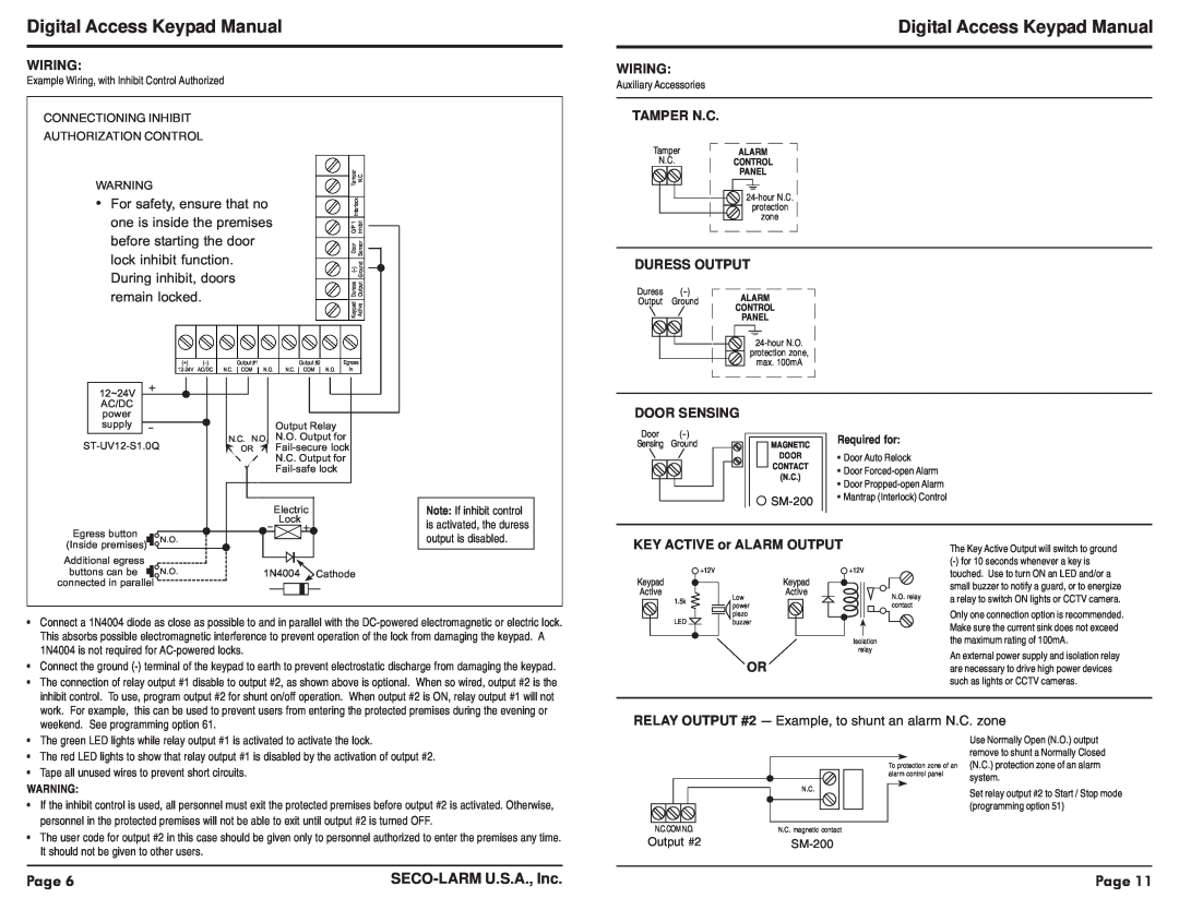 SECO-LARM USA SK-1123-SQ Digital Access Keypad Manual, Page, SECO-LARMU.S.A., Inc, Wiring, For safety, ensure that no 