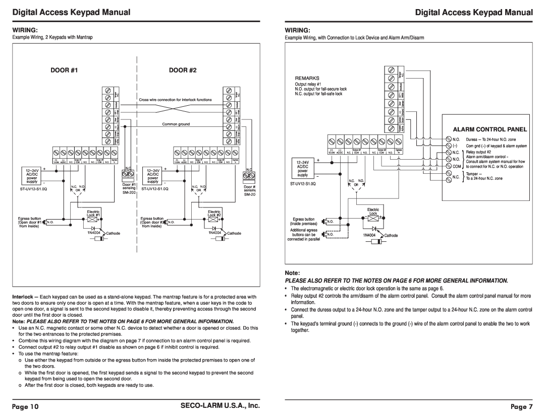 SECO-LARM USA SK-1123-SQ warranty Digital Access Keypad Manual, Page, SECO-LARMU.S.A., Inc, Wiring, DOOR #1, DOOR #2 