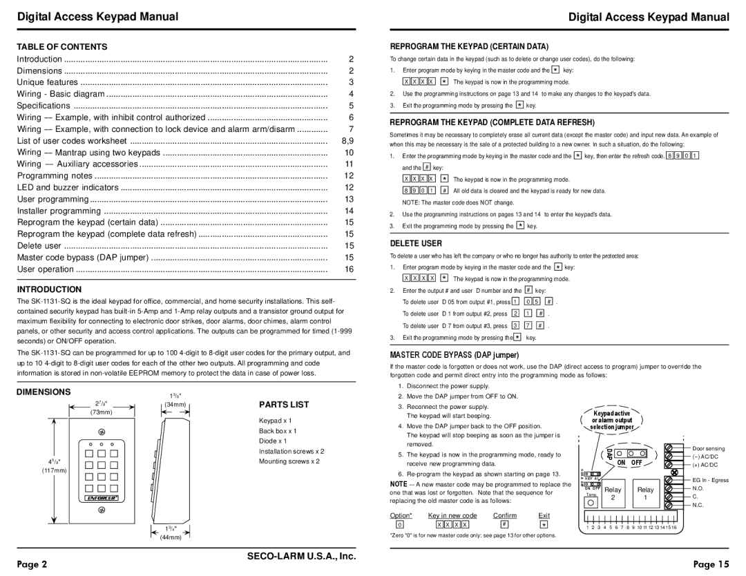 SECO-LARM USA SK-1131-SQ warranty Table of Contents, Introduction, Dimensions, Parts List 