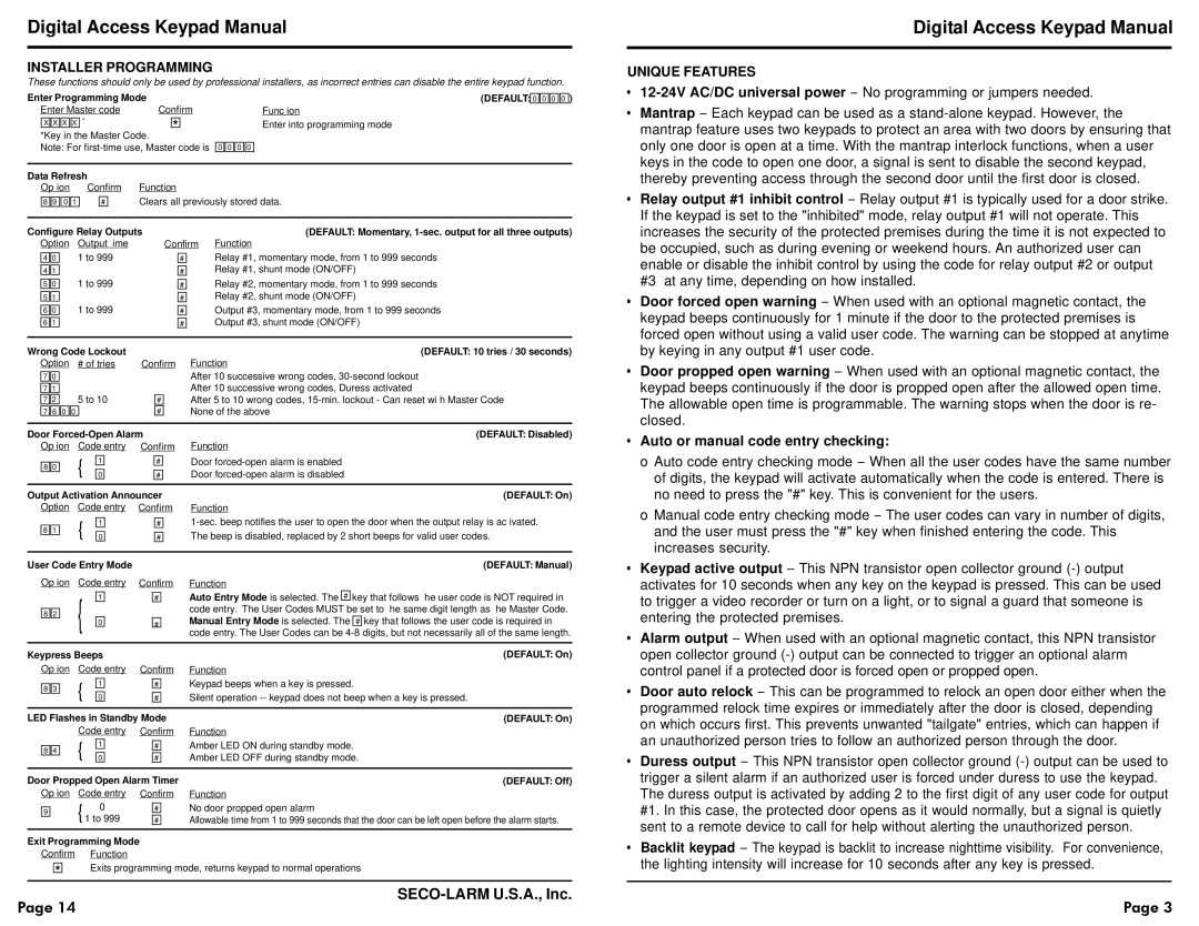 SECO-LARM USA SK-1131-SQ warranty Installer Programming, Unique Features, Auto or manual code entry checking 