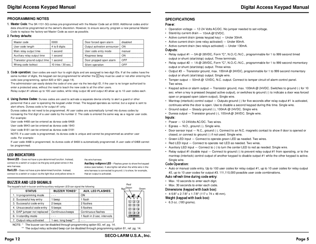 SECO-LARM USA SK-1131-SQ warranty Programming Notes, Specifications 