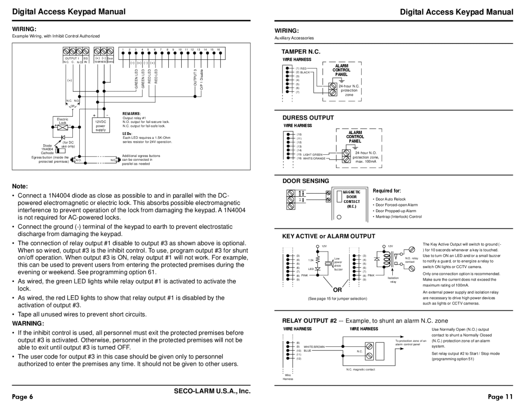 SECO-LARM USA SK-1131-SQ warranty Wiring, Tamper N.C, Duress Output, Door Sensing, KEY Active or Alarm Output 