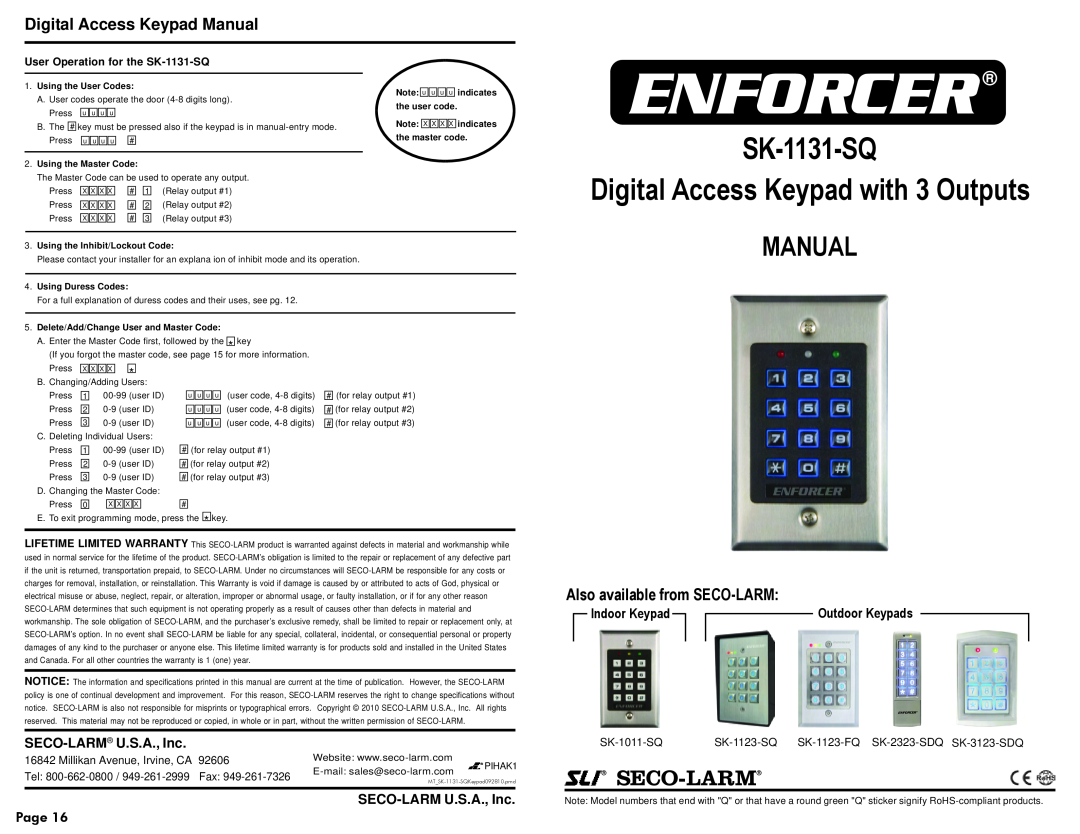 SECO-LARM USA SK-1131-SQ warranty Digital Access Keypad Manual, Also available from SECO-LARM, Enforcer, Seco-Larm 