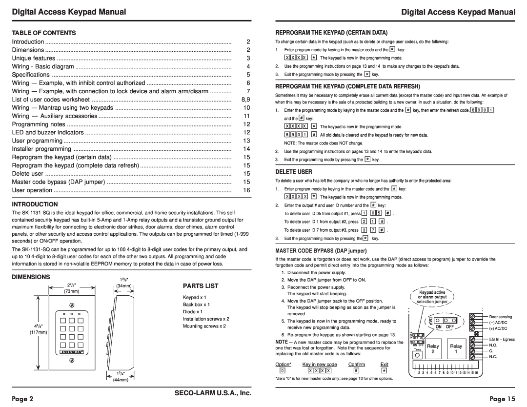 SECO-LARM USA SK-1131-SQ Digital Access Keypad Manual, SECO-LARMU.S.A., Inc, Table Of Contents, Introduction, Dimensions 