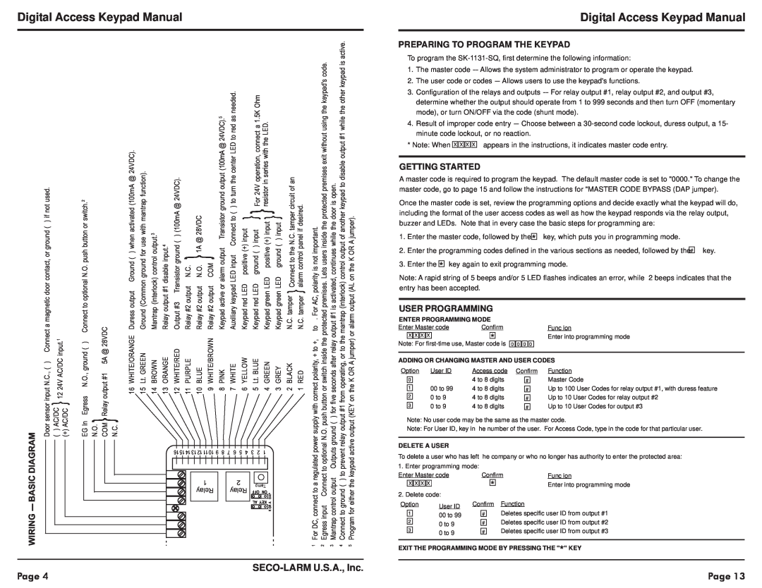SECO-LARM USA SK-1131-SQ warranty Digital Access Keypad Manual, SECO-LARMU.S.A., Inc, Preparing To Program The Keypad 