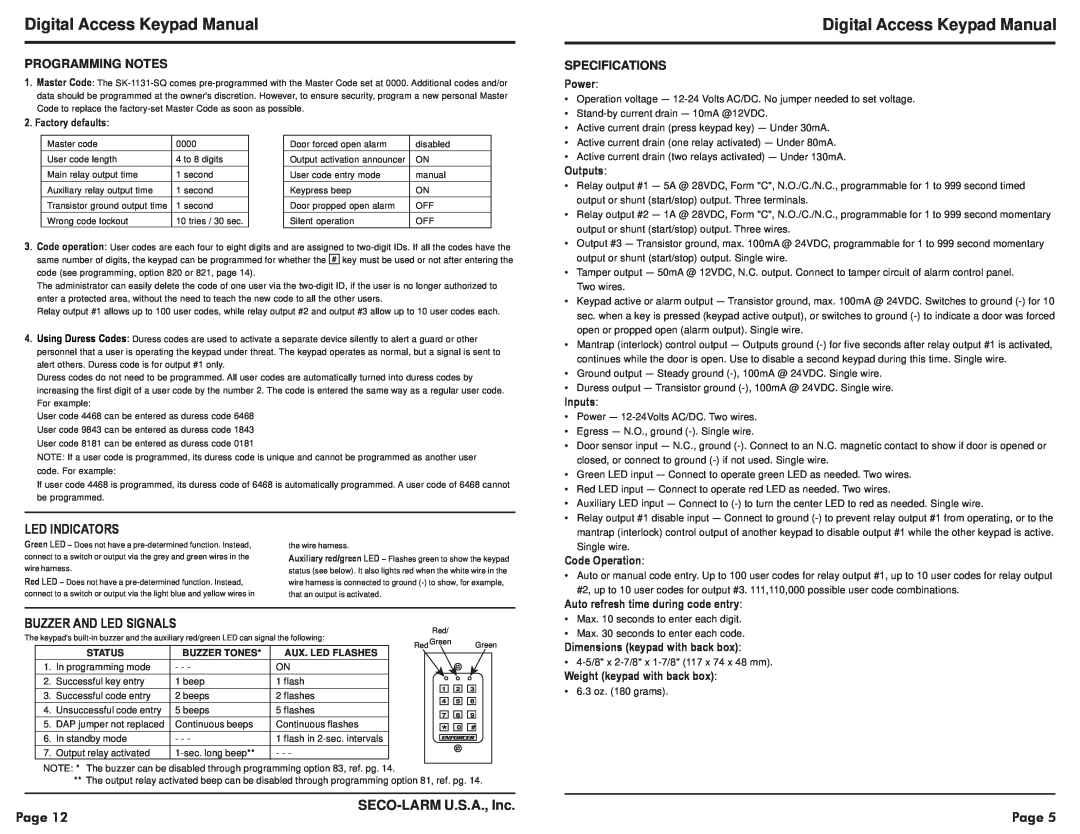 SECO-LARM USA SK-1131-SQ Digital Access Keypad Manual, Led Indicators, Buzzer And Led Signals, SECO-LARMU.S.A., Inc 