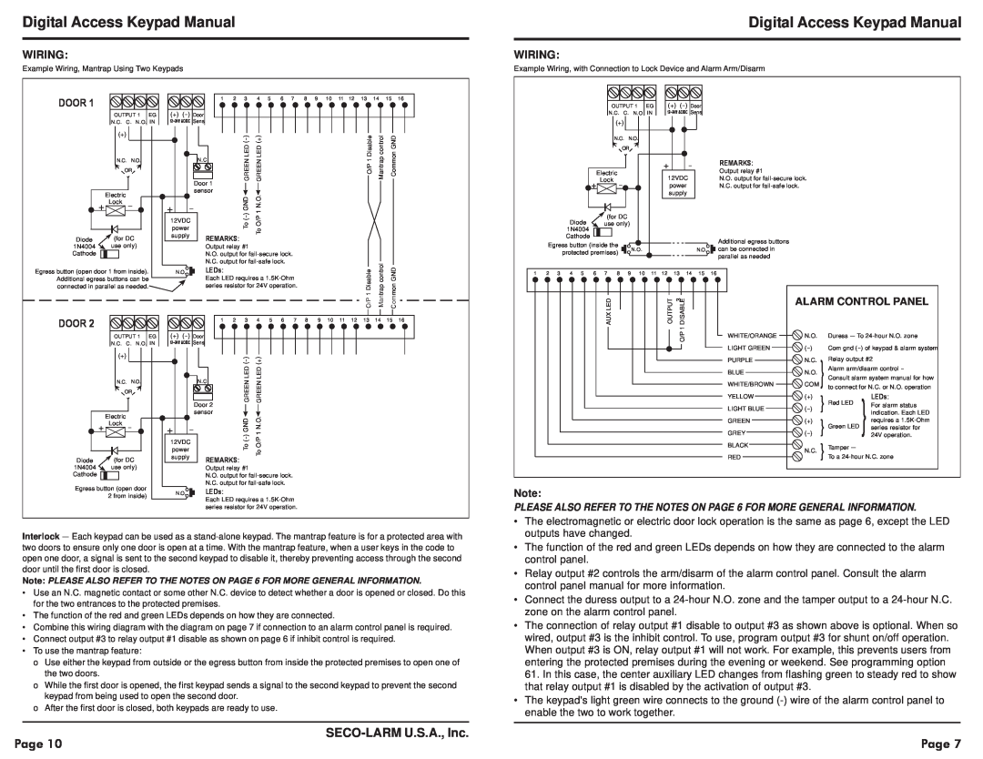 SECO-LARM USA SK-1131-SQ warranty Digital Access Keypad Manual, SECO-LARMU.S.A., Inc, Wiring, Door, Alarm Control Panel 
