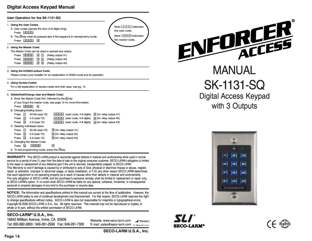 SECO-LARM USA SK-1131-SQ warranty Digital Access Keypad Manual, Digital Access Keypad with 3 Outputs, SECO-LARMU.S.A., Inc 
