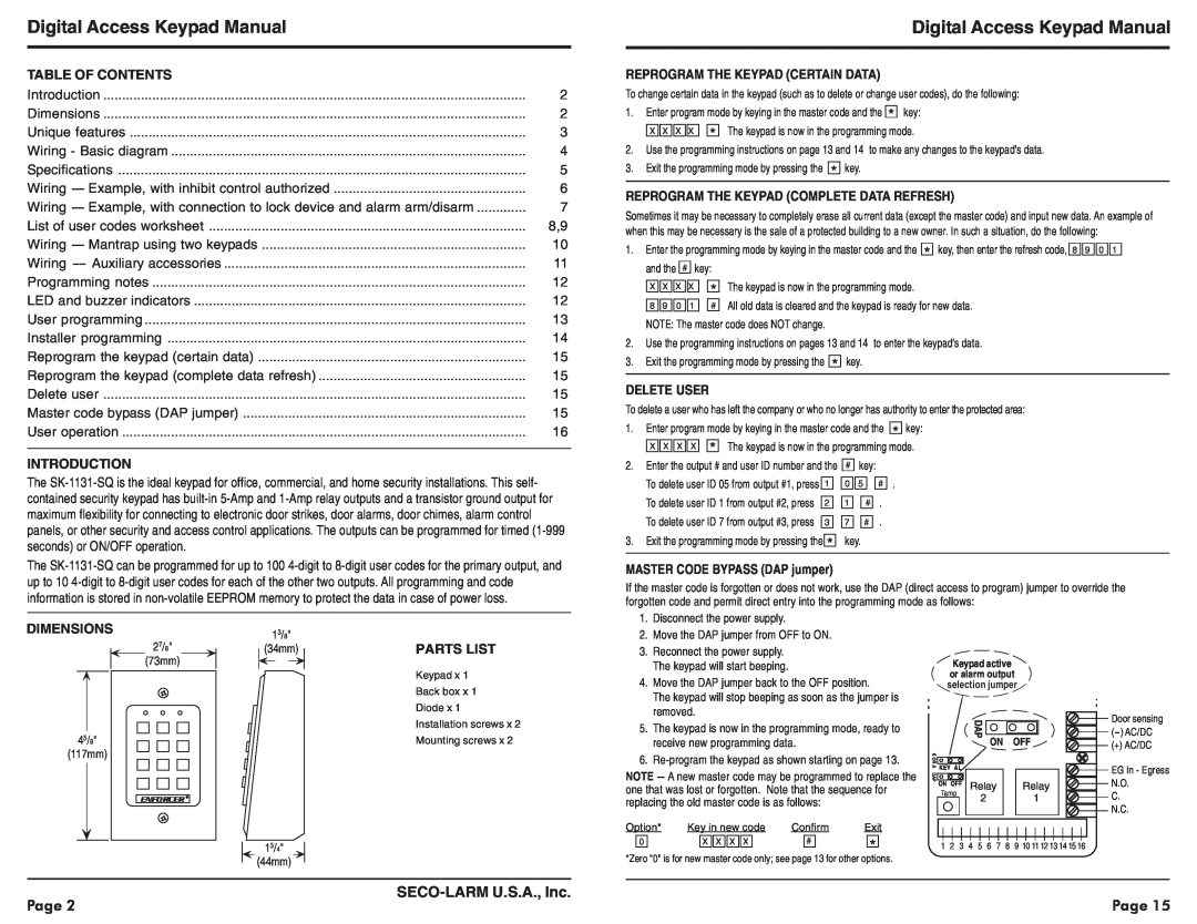 SECO-LARM USA SK-1131-SQ warranty Digital Access Keypad Manual, Page, SECO-LARMU.S.A., Inc, Table Of Contents, Introduction 