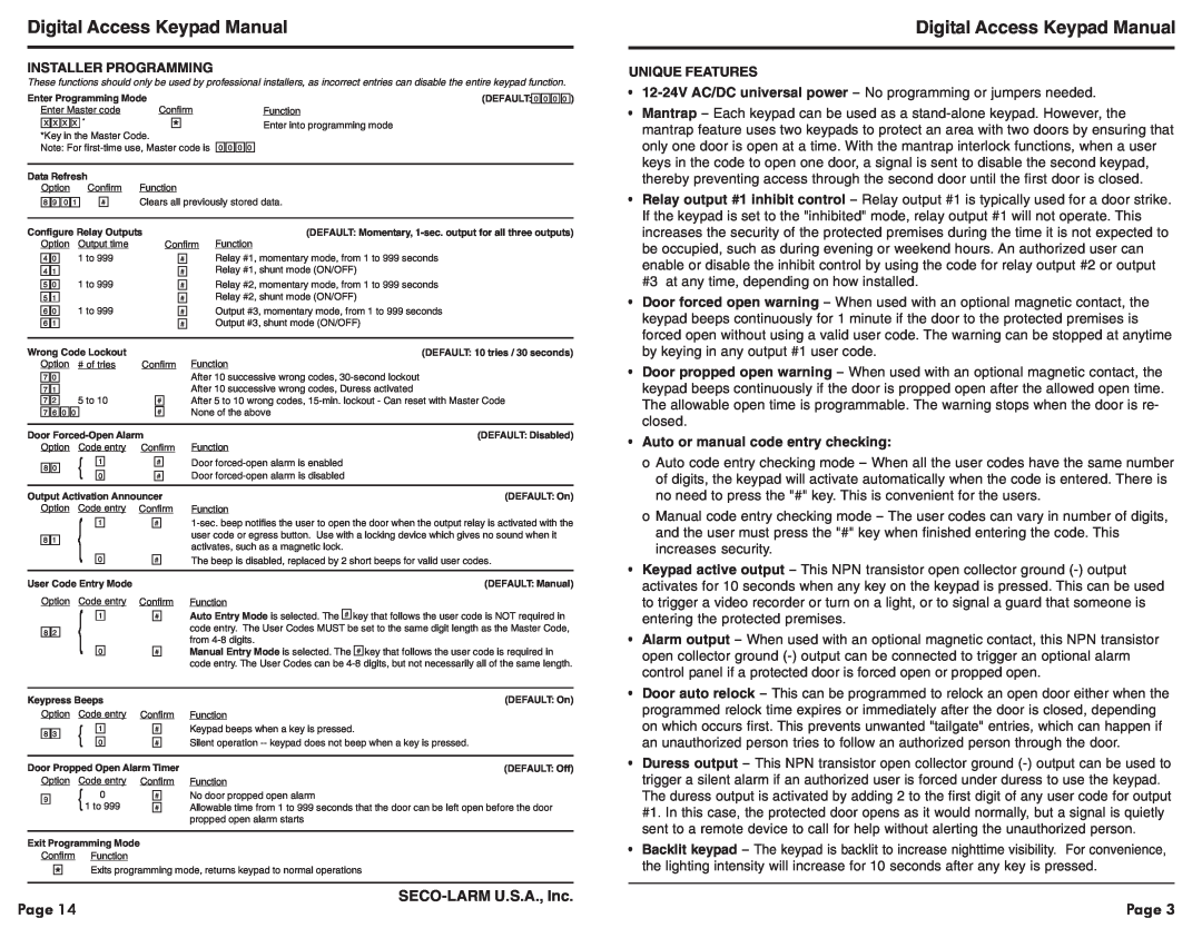 SECO-LARM USA SK-1131-SQ Digital Access Keypad Manual, Page, SECO-LARMU.S.A., Inc, Installer Programming, Unique Features 
