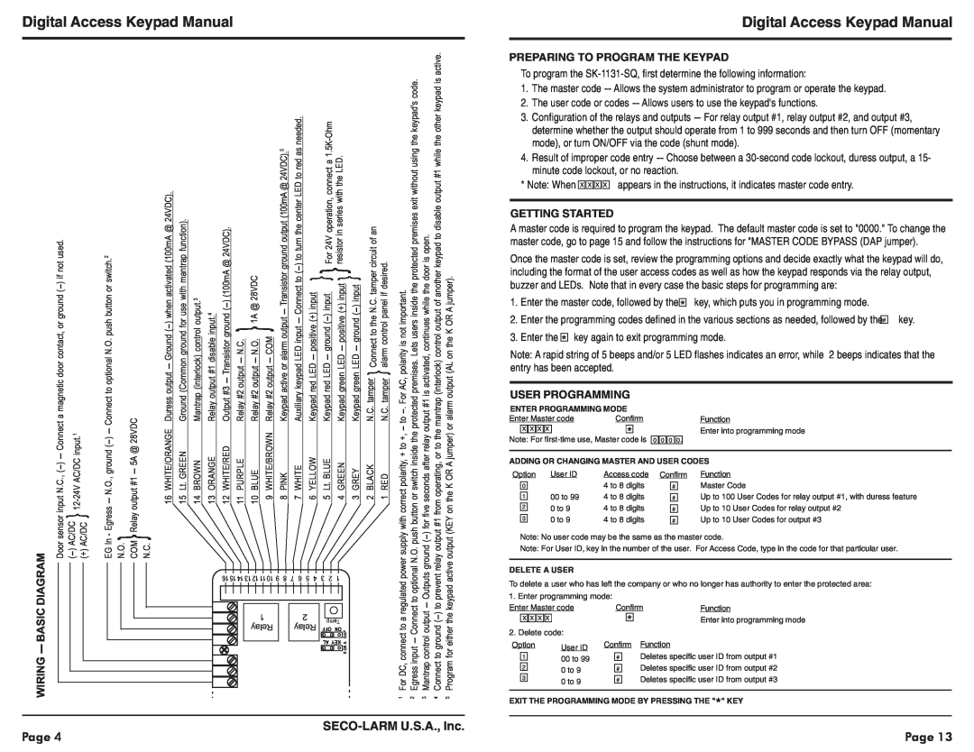 SECO-LARM USA SK-1131-SQ warranty Digital Access Keypad Manual, Page, SECO-LARMU.S.A., Inc, Preparing To Program The Keypad 