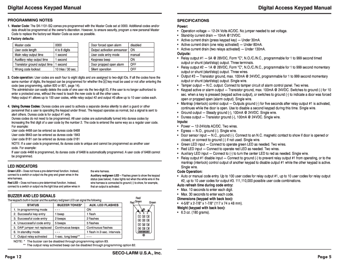 SECO-LARM USA SK-1131-SQ Digital Access Keypad Manual, Led Indicators, Buzzer And Led Signals, Page, SECO-LARMU.S.A., Inc 