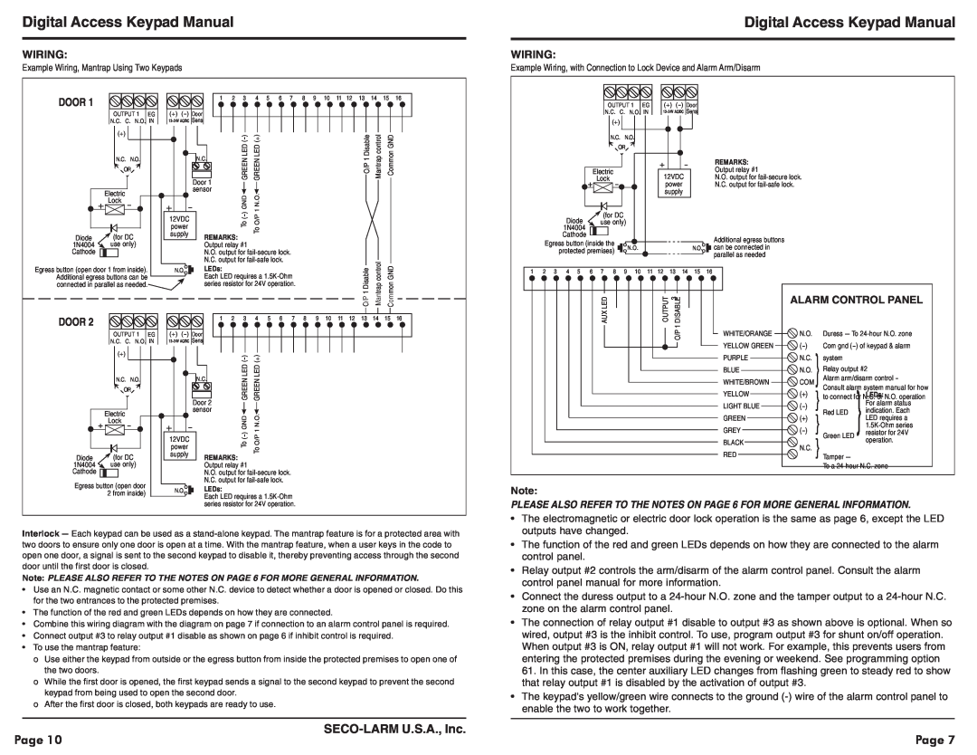 SECO-LARM USA SK-1131-SQ Digital Access Keypad Manual, Page, SECO-LARMU.S.A., Inc, Wiring, Door, Alarm Control Panel 