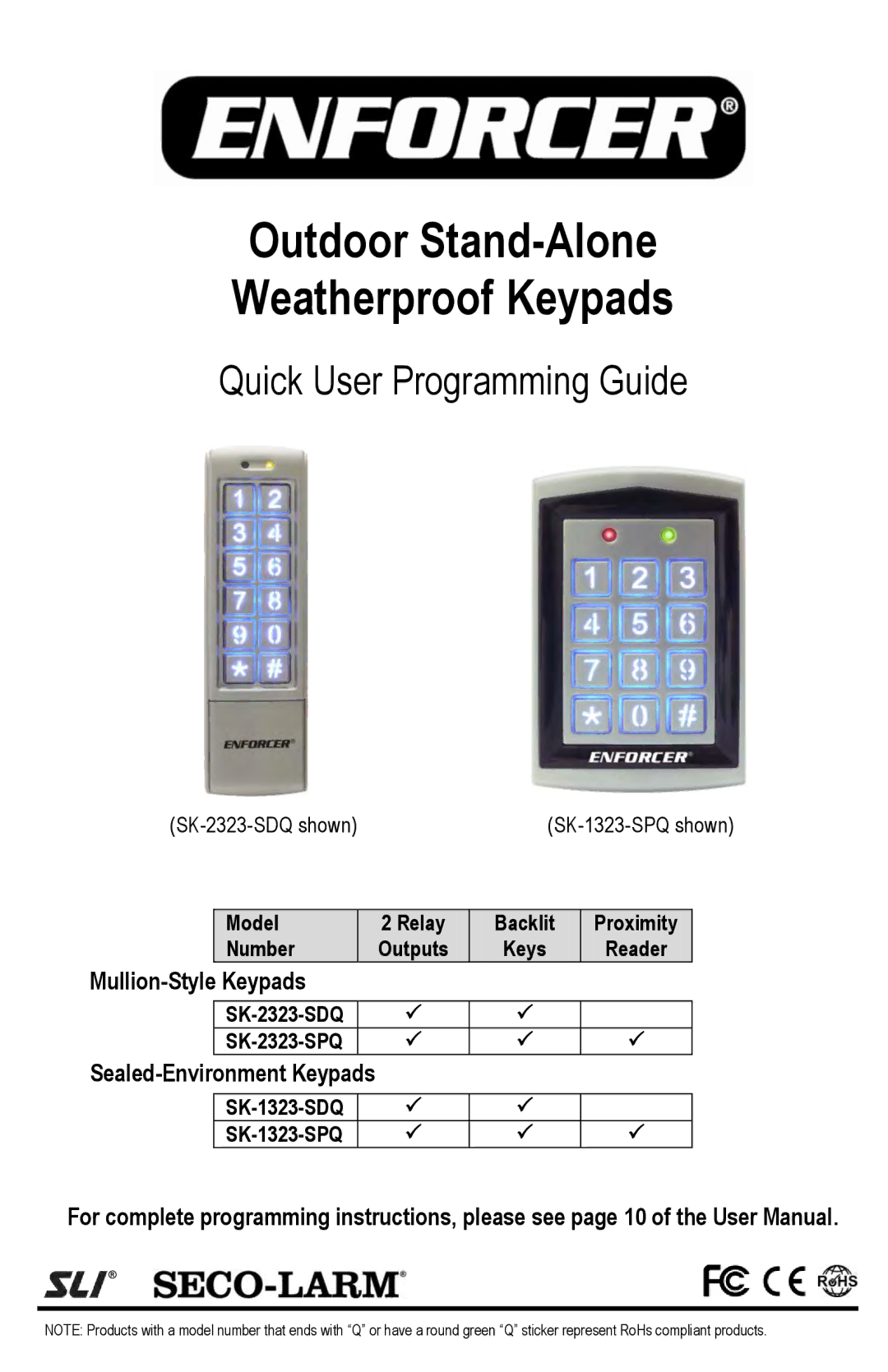 SECO-LARM USA SK-2323-SPQ, SK-2323-SDQ, SK-1323-SDQ, SK-1323-SPQ user manual Outdoor Stand-Alone Weatherproof Keypads 