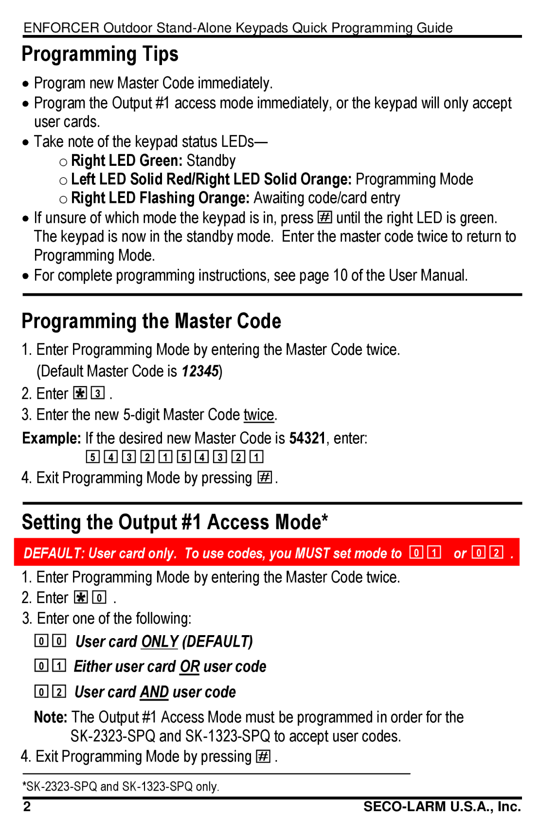 SECO-LARM USA SK-1323-SDQ, SK-2323-SDQ Programming Tips, Programming the Master Code, Setting the Output #1 Access Mode 