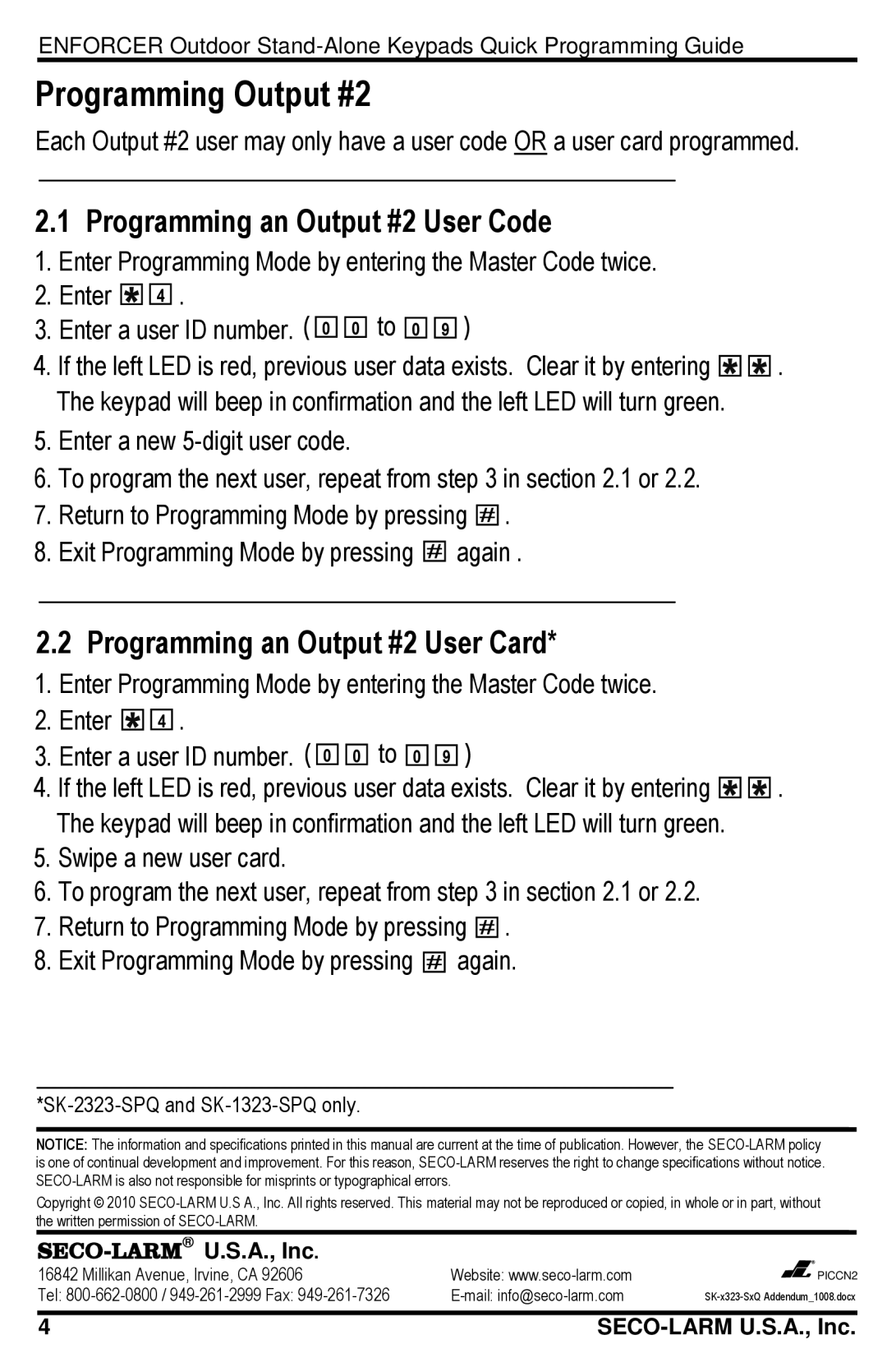 SECO-LARM USA SK-2323-SDQ Programming Output #2, Programming an Output #2 User Code, Programming an Output #2 User Card 