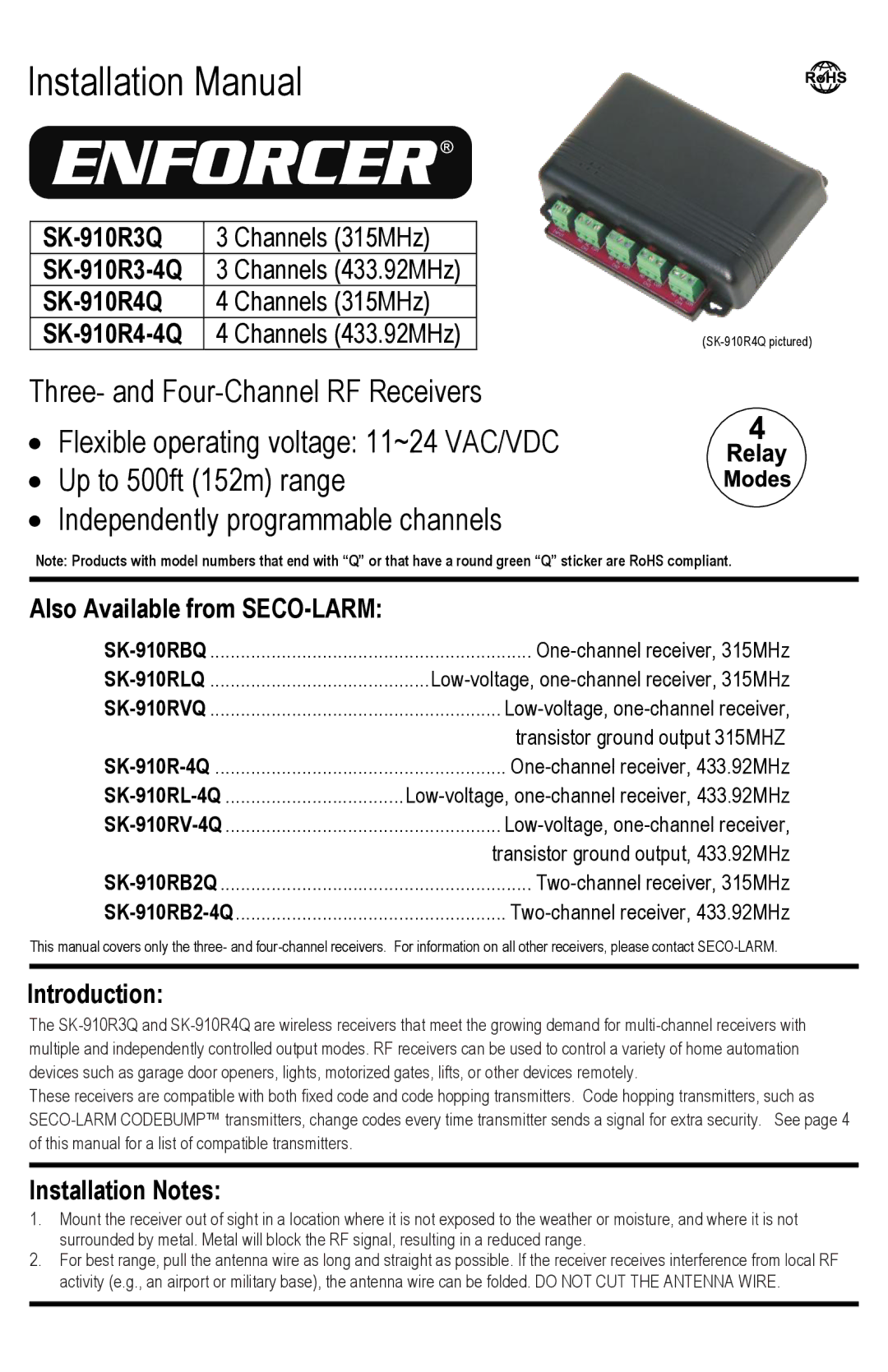 SECO-LARM USA SK-910R4-4Q installation manual SK-910R3Q, SK-910R3-4Q, SK-910R4Q, Also Available from SECO-LARM 