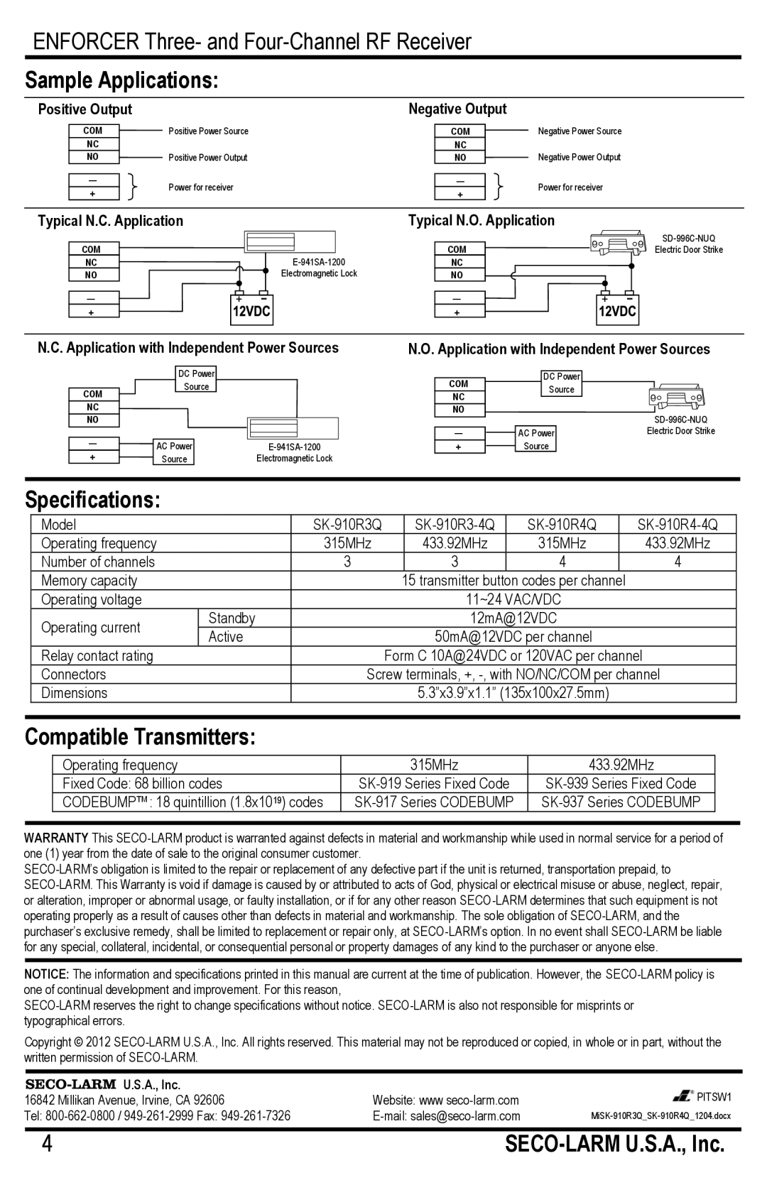 SECO-LARM USA SK-910R4Q, SK-910R4-4Q, SK-910R3-4Q, SK-910R3Q Sample Applications, Specifications, Compatible Transmitters 