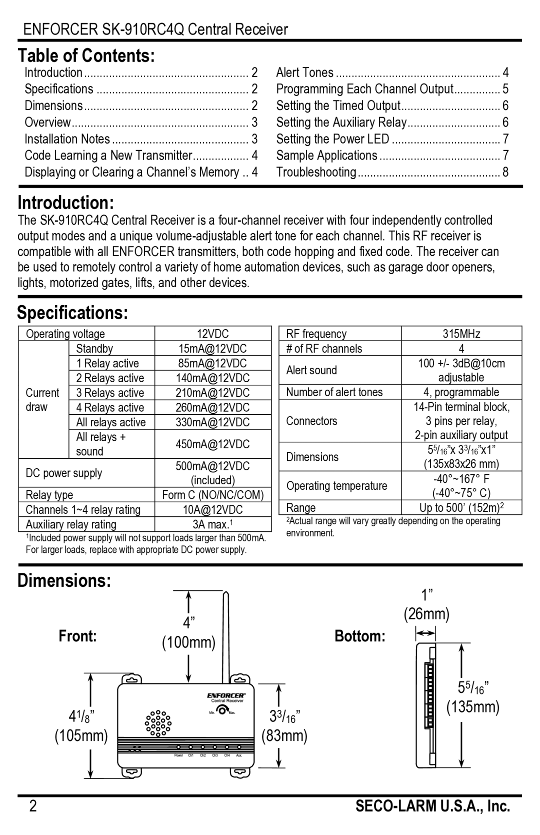 SECO-LARM USA SK-910RC4Q manual Table of Contents, Introduction, Specifications, Dimensions 