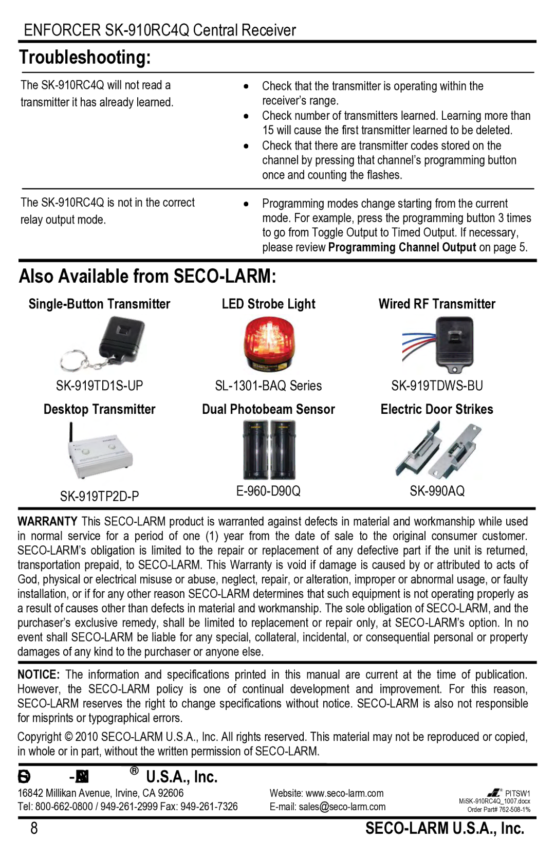 SECO-LARM USA SK-910RC4Q manual Troubleshooting, Also Available from SECO-LARM, Desktop Transmitter, Electric Door Strikes 