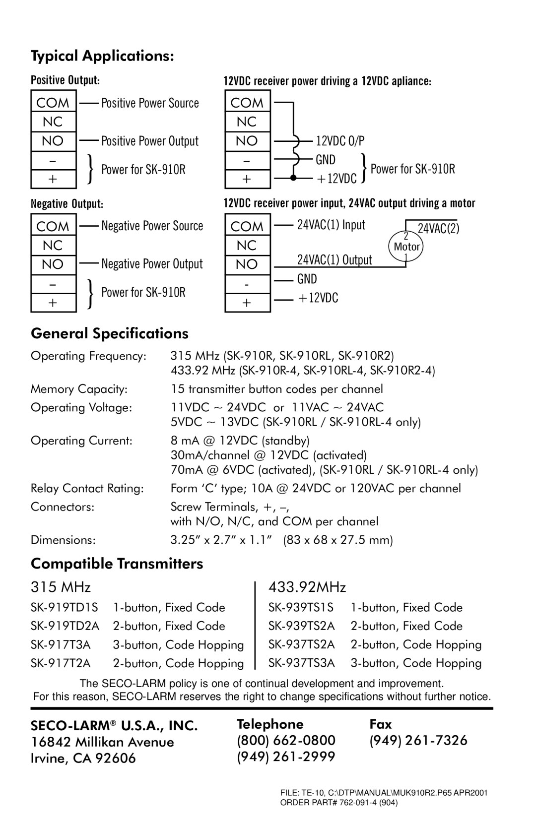 SECO-LARM USA SK-910R-4, SK-910RL-4, SK-910R2-4 manual Typical Applications 