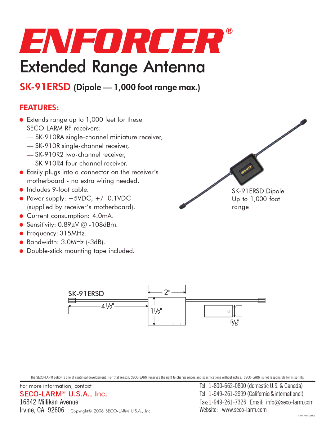 SECO-LARM USA specifications Enforcer, Extended Range Antenna, SK-91ERSDDipole 1,000 foot range max, Features 