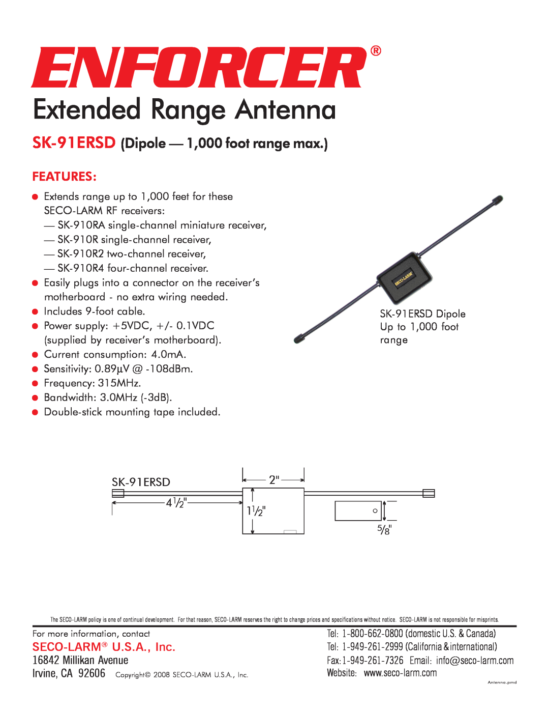 SECO-LARM USA specifications Enforcer, Extended Range Antenna, SK-91ERSD Dipole - 1,000 foot range max, Features 