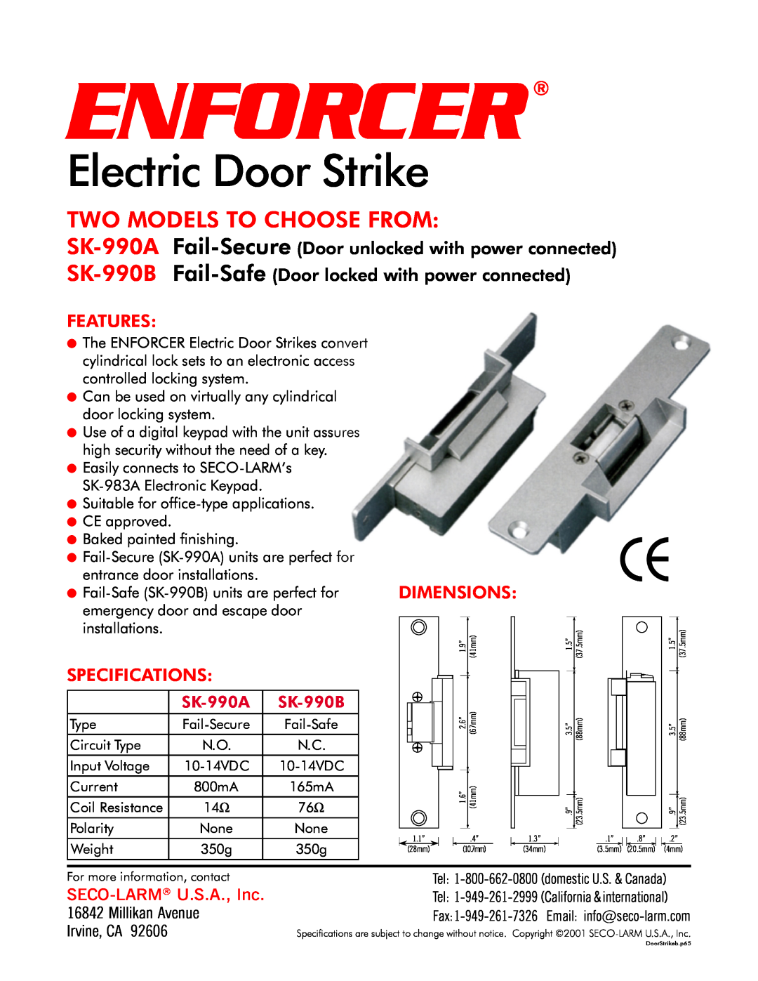 SECO-LARM USA SK-990B specifications Enforcer, Electric Door Strike, Two Models To Choose From, Features, Specifications 
