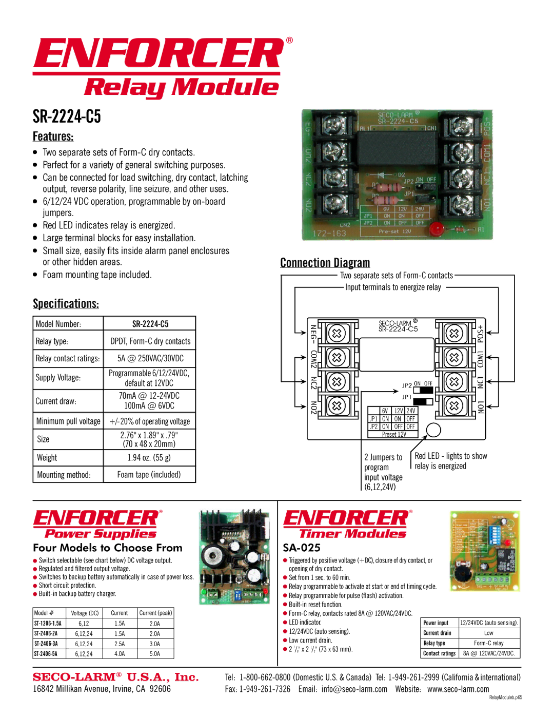 SECO-LARM USA SR-2224-C5 specifications Features, Specifications, Connection Diagram, Power Supplies, Timer Modules 