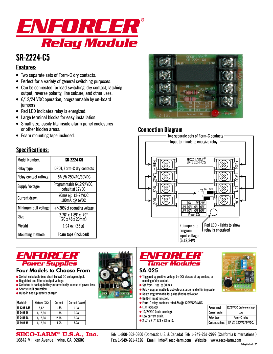 SECO-LARM USA SR-2224-C5 specifications Enforcer, Relay Module, Features, Specifications, Connection Diagram, SA-025 