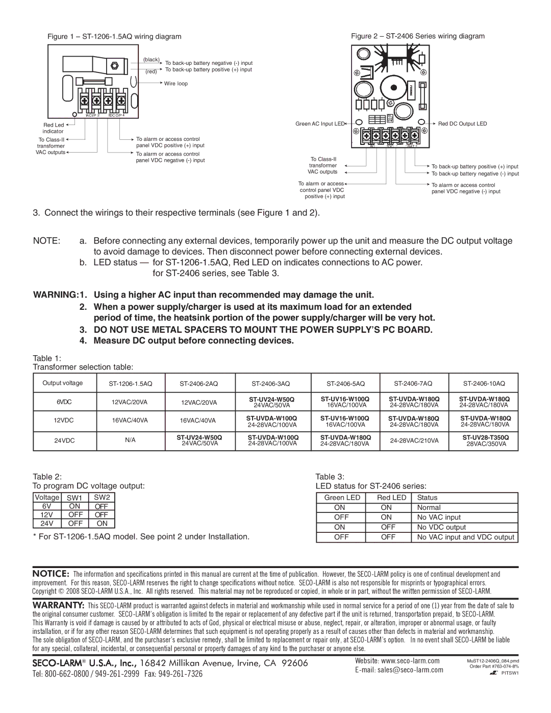 SECO-LARM USA ST-2406-3AQ, ST-2406-7AQ, ST Series Measure DC output before connecting devices, Transformer selection table 