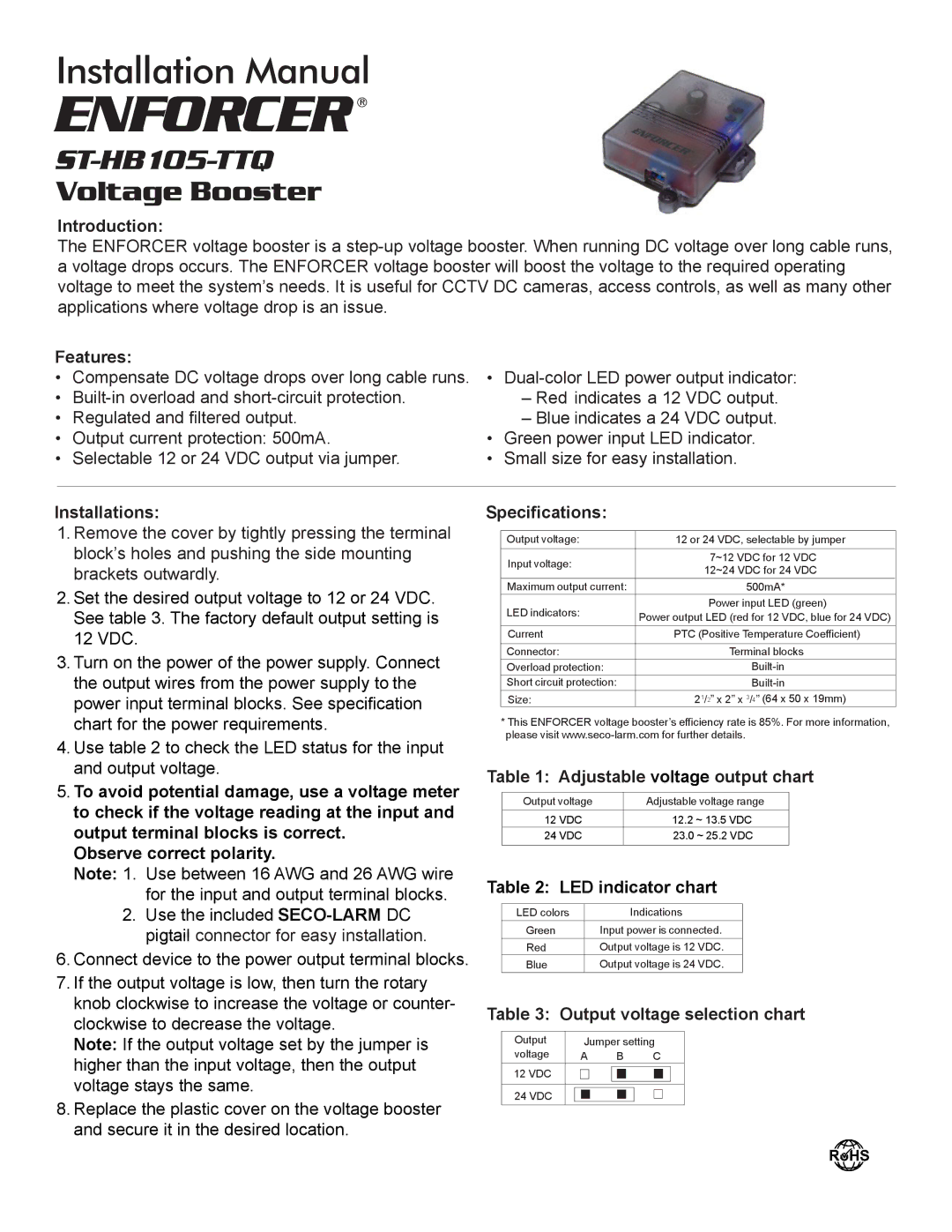 SECO-LARM USA ST-HB105-TTQ installation manual Introduction, Features, Installations, Specifications 