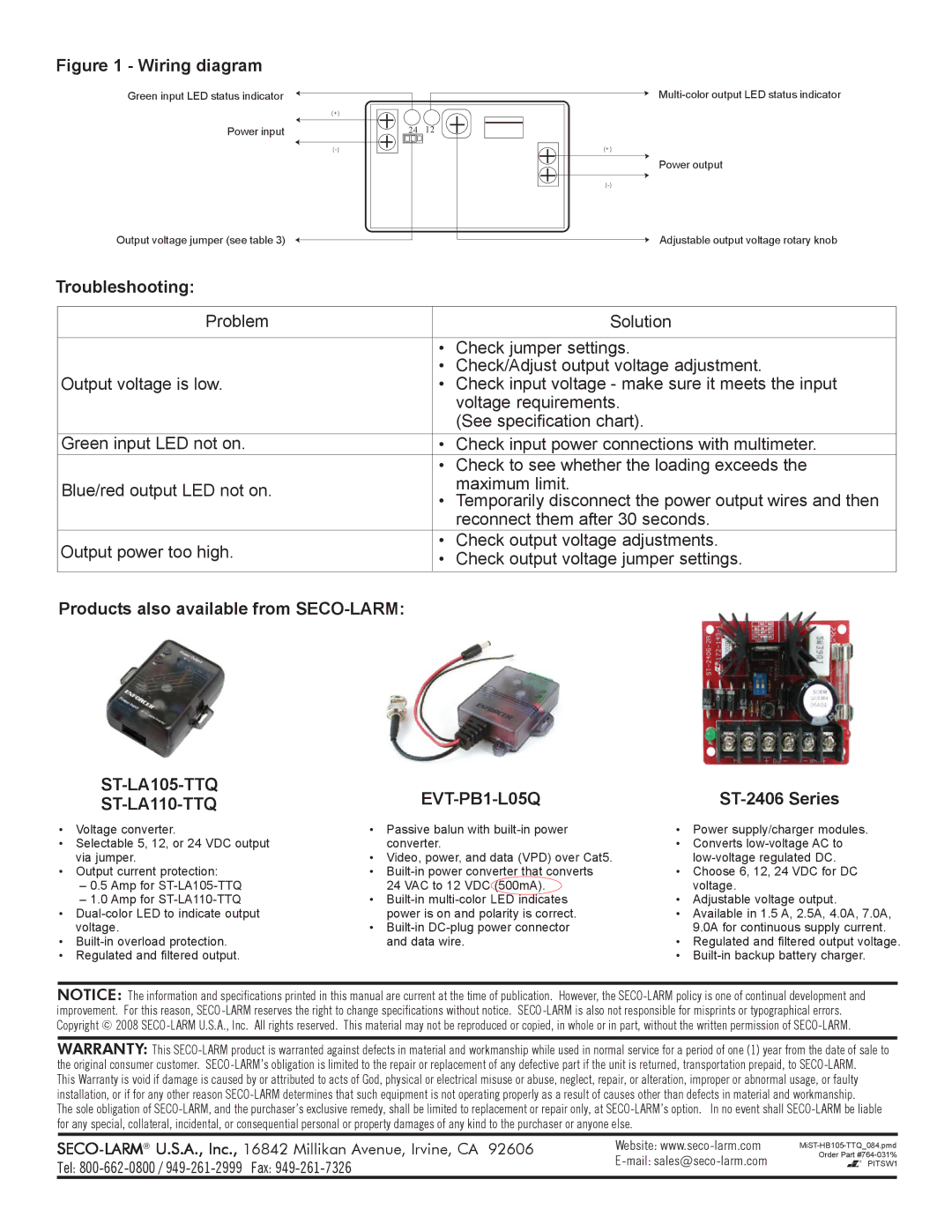 SECO-LARM USA ST-HB105-TTQ installation manual Troubleshooting, Products also available from SECO-LARM, ST-2406 Series 