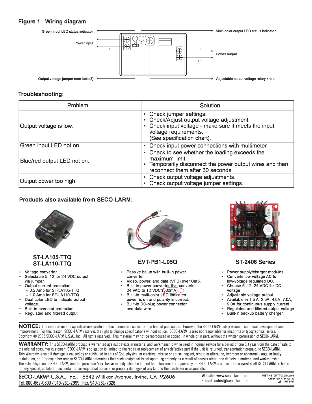 SECO-LARM USA ST-HB105-TTQ Wiring diagram, Troubleshooting, Products also available from SECO-LARM, EVT-PB1-L05Q 