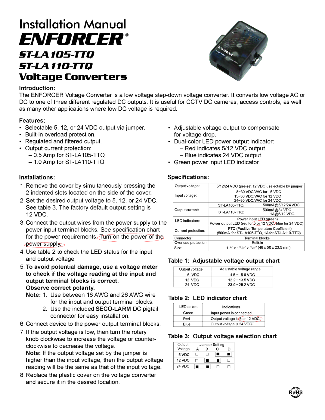 SECO-LARM USA ST-LA105-TTQ installation manual Introduction, Features, Installations Specifications, LED indicator chart 