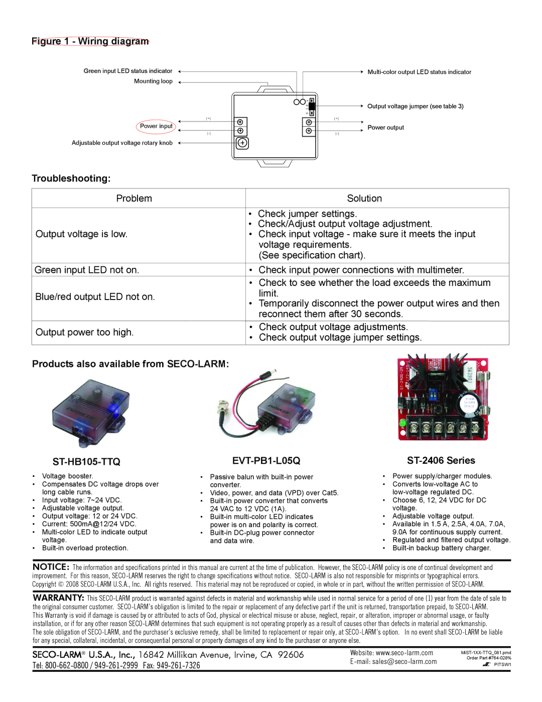 SECO-LARM USA ST-LA110-TTQ Troubleshooting, Products also available from SECO-LARM, ST-HB105-TTQ, EVT-PB1-L05Q 