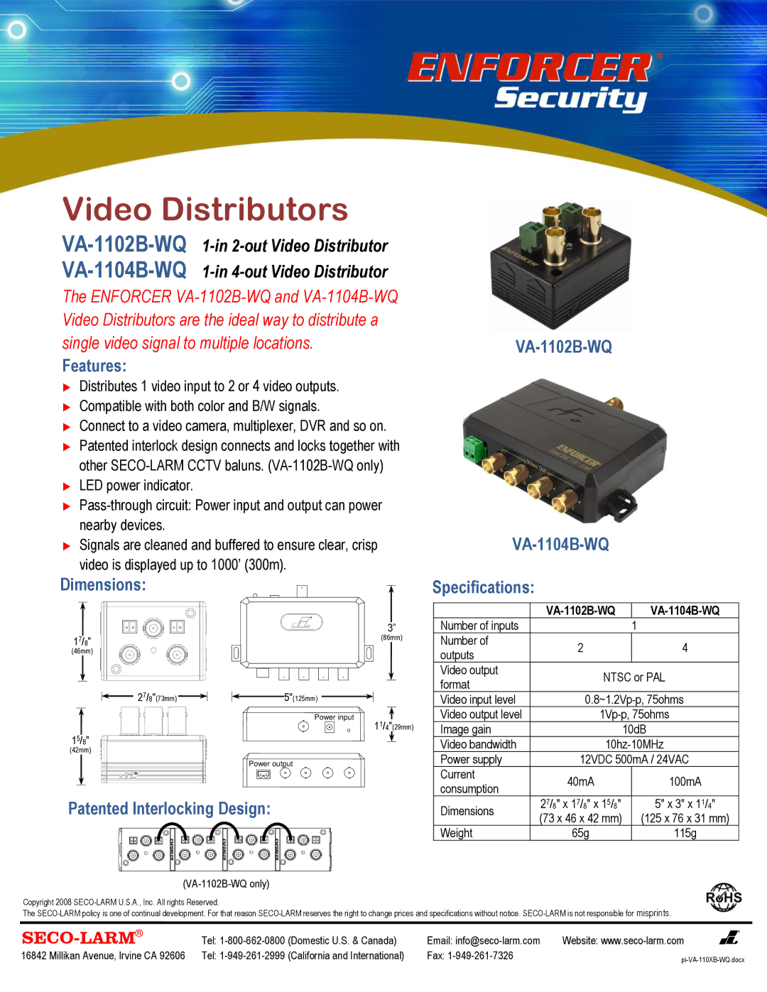 SECO-LARM USA specifications Video Distributors, Features, VA-1102B-WQ VA-1104B-WQ Dimensions Specifications, Seco-Larm 