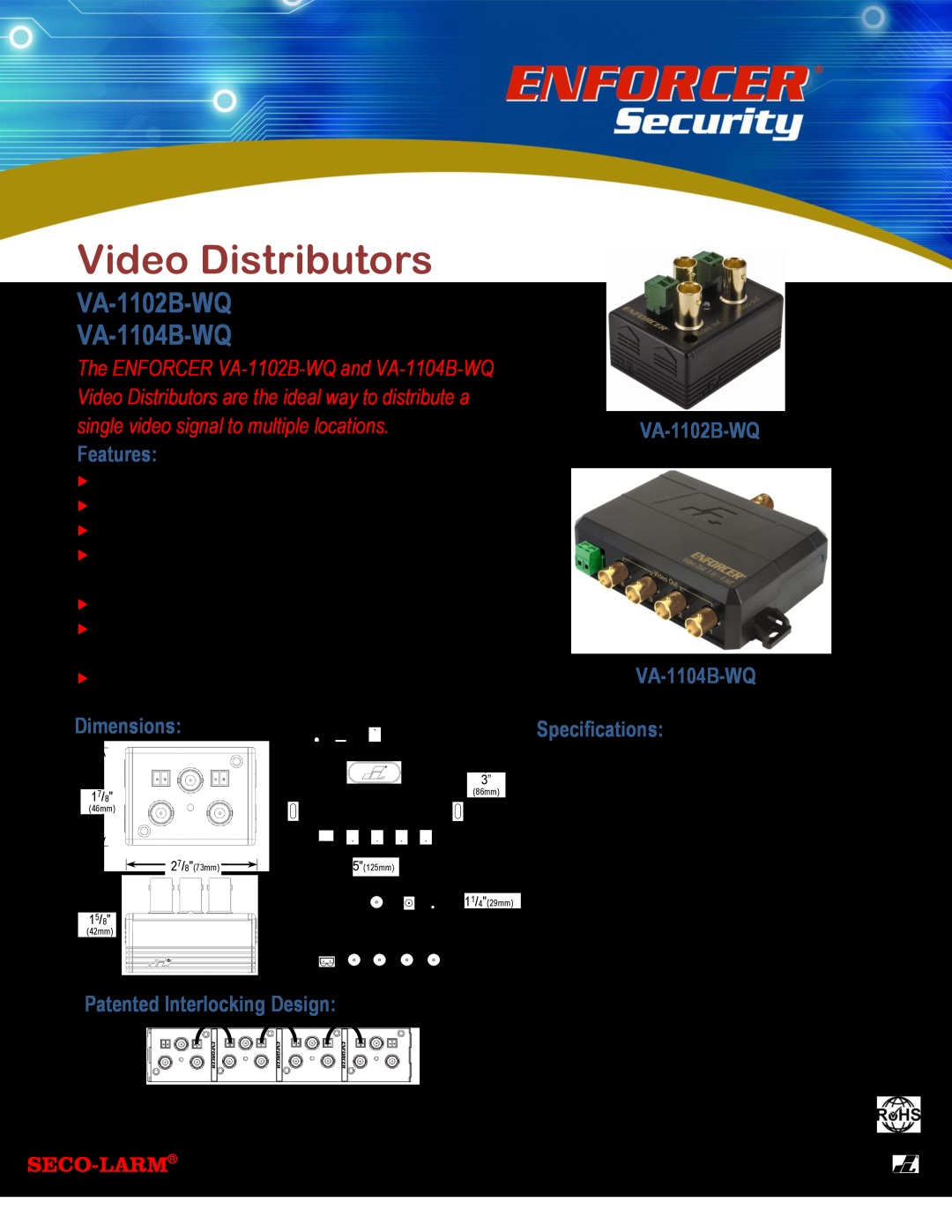 SECO-LARM USA specifications Video Distributors, Features, VA-1102B-WQ VA-1104B-WQ, Dimensions, Specifications 