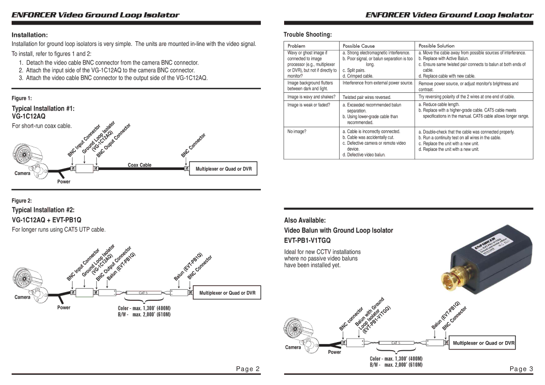 SECO-LARM USA VG-1C12AQ installation manual Installation, Trouble Shooting 