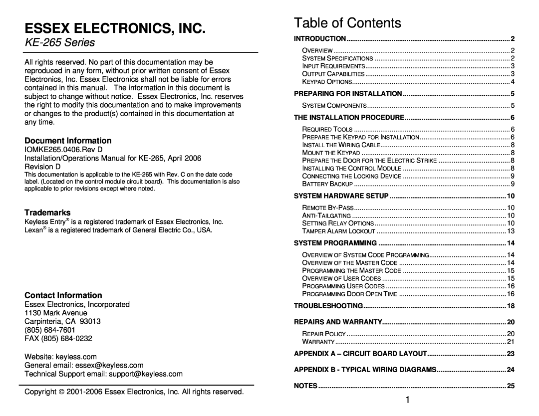 Security 100 manual Essex Electronics, Inc, Table of Contents, KE-265 Series, Document Information, Trademarks 