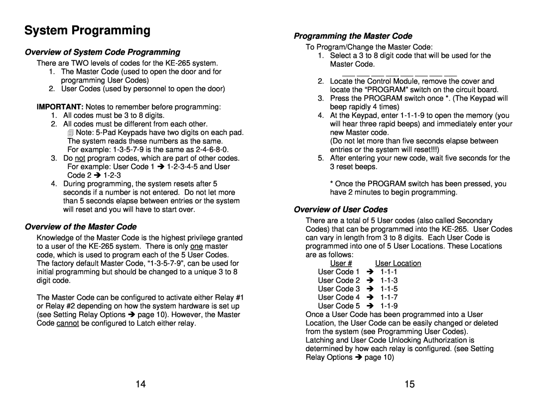 Security 100 KE-265 manual System Programming, Overview of System Code Programming, Overview of the Master Code 