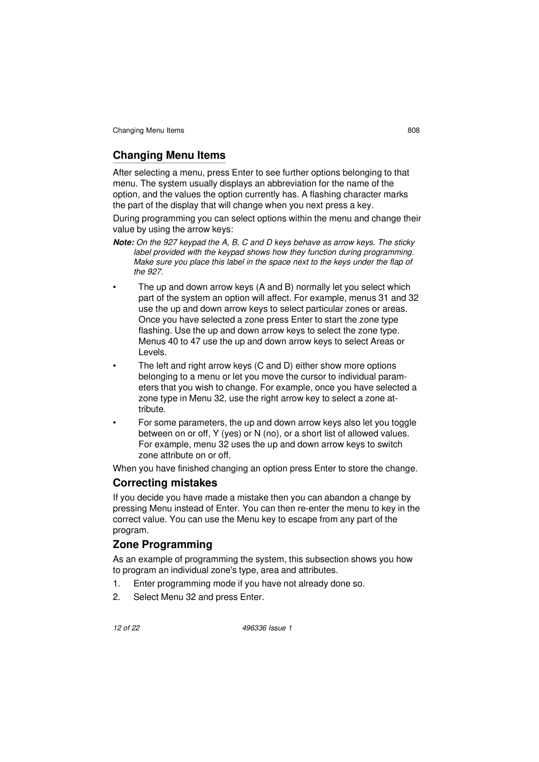 Security Centres manual Correcting mistakes, Zone Programming, Changing Menu Items 808 