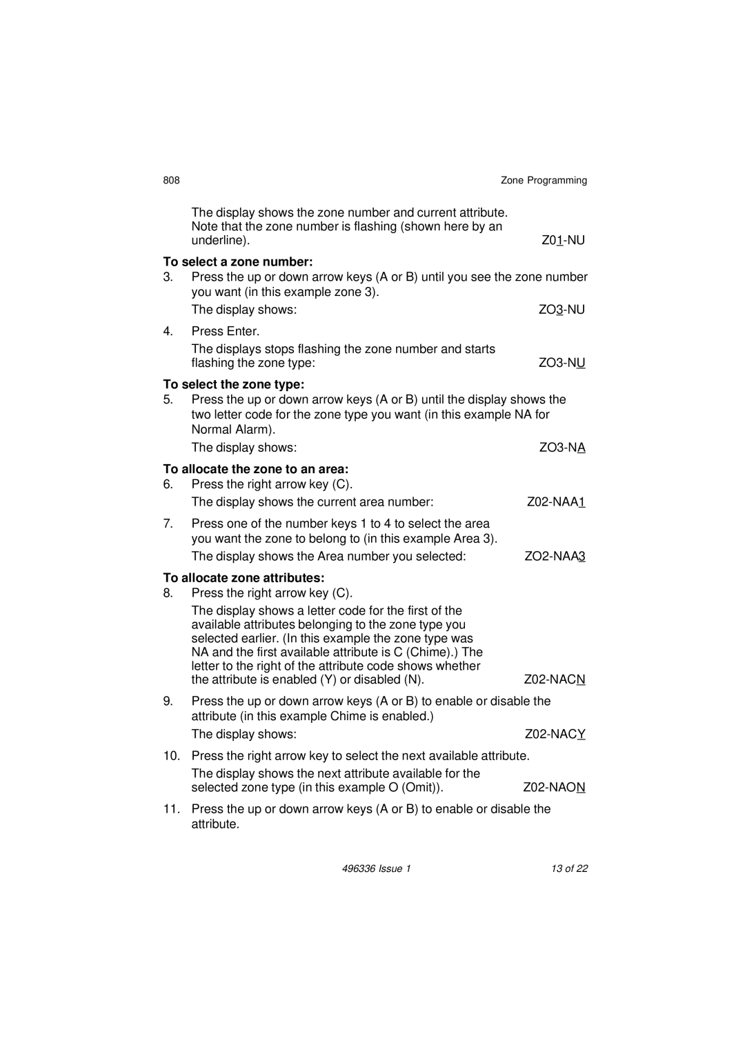 Security Centres 808 manual To select a zone number, ZO3-NU, To select the zone type, To allocate the zone to an area 