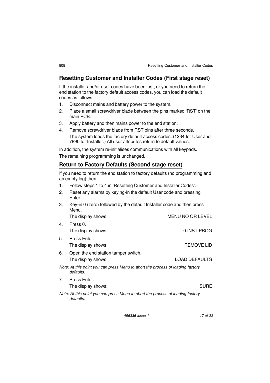 Security Centres 808 manual Resetting Customer and Installer Codes First stage reset, Load Defaults, Sure 