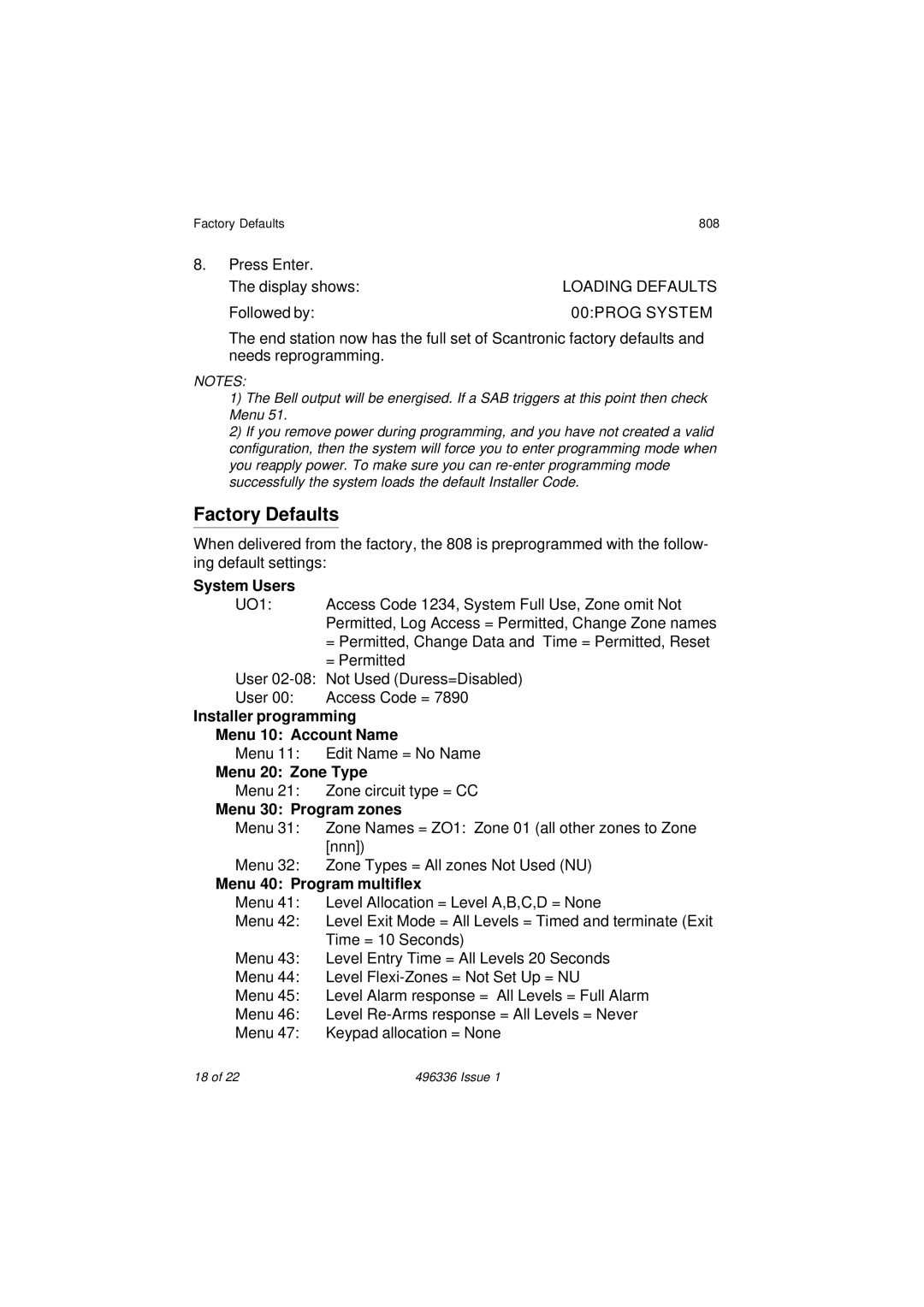 Security Centres 808 manual Factory Defaults, Installer programming Menu 10 Account Name, Menu 20 Zone Type 