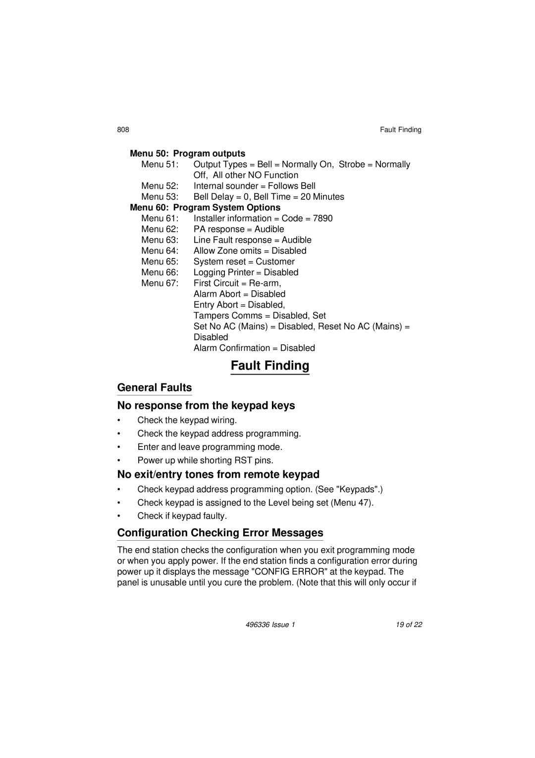 Security Centres 808 Fault Finding, General Faults No response from the keypad keys, Configuration Checking Error Messages 