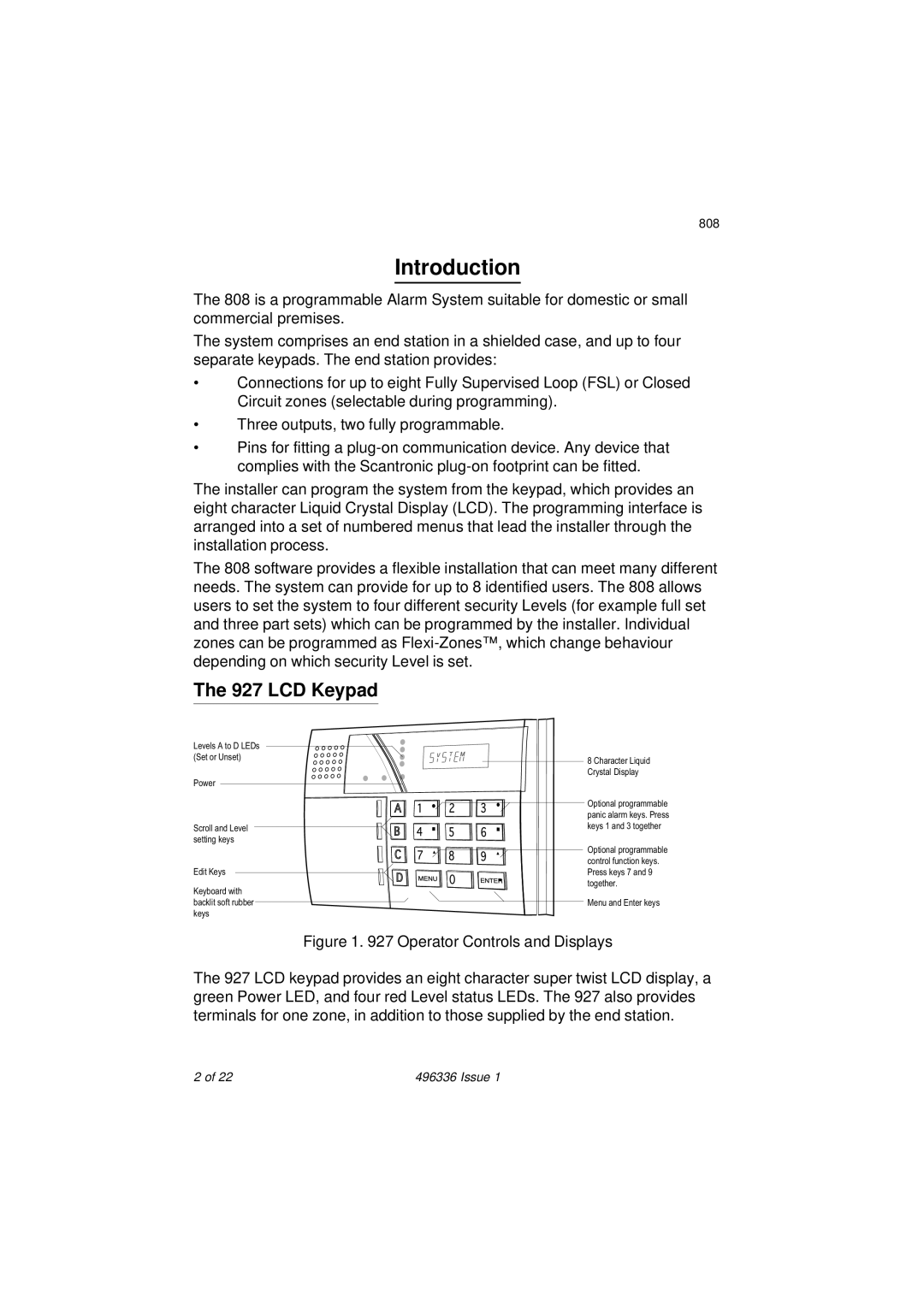 Security Centres 808 manual Introduction, LCD Keypad 