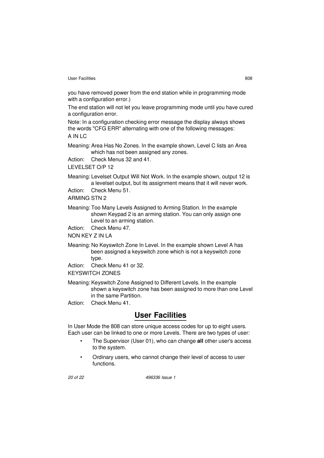 Security Centres manual Arming STN, NON KEY Z in LA, Keyswitch Zones, User Facilities 808 